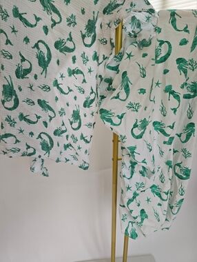 Green Watercolor Mermaid Crib Sheet With Oversized Muslin Cotton Blanket